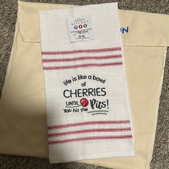 White and Red Striped Kitchen Towel with Cherry Design